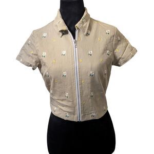 Miaou Embroidered Daisy Zip Up Crop Top Small Khaki Floral 90s Clean Girl